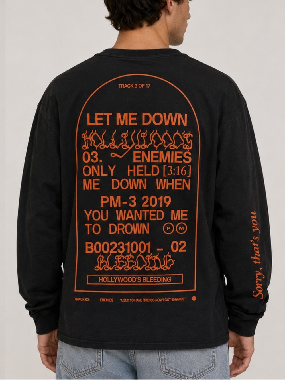 Post Malone Black Long Sleeve Crewneck with Small Orange Logo